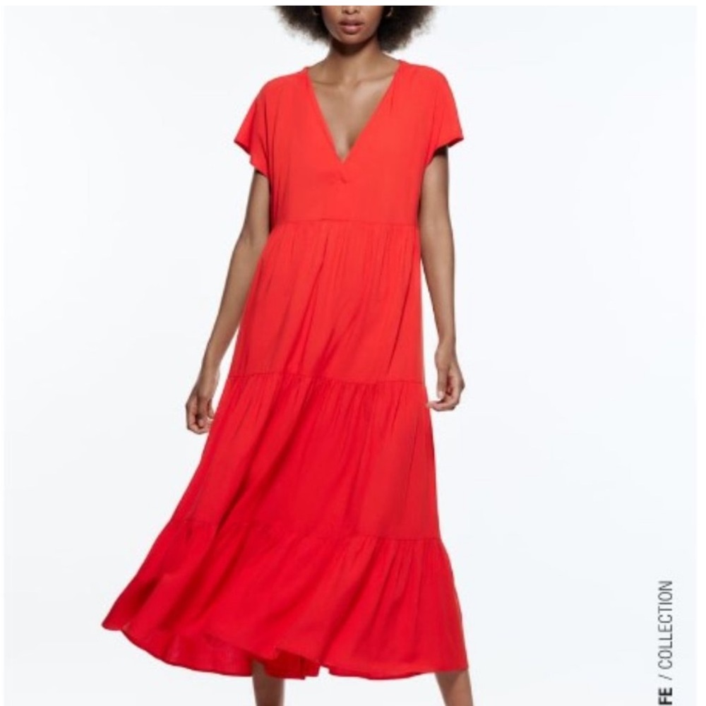 Zara short‎ sleeve v-neck tiered midi dress Orange/Red Size XS